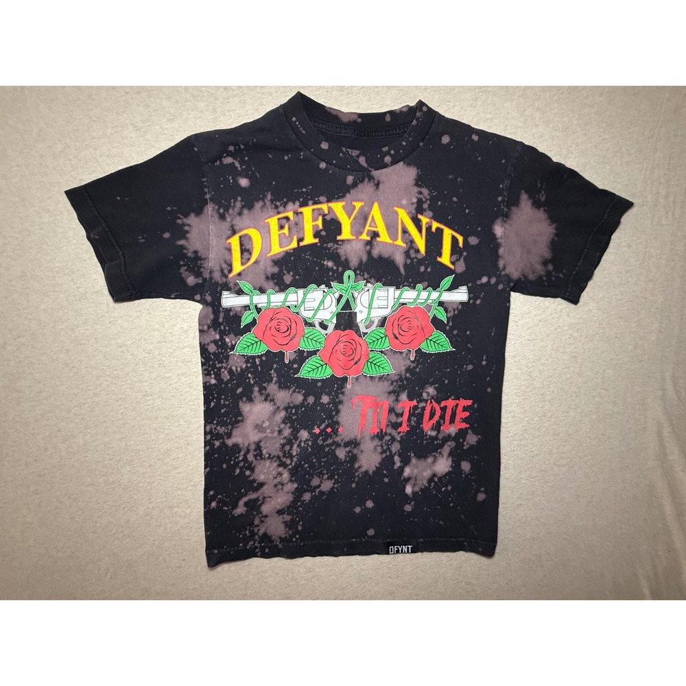 DFYNT Mens Graphic Tee Small Black Acid Wash Bleach Splatter Roses Guns Shirt